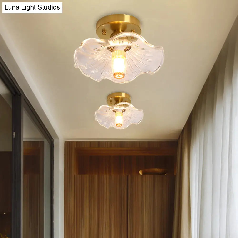 Classic Cone/Lotus Leaf/Floral Clear Glass Ceiling Light In Brass 7.5 - 9’ Wide