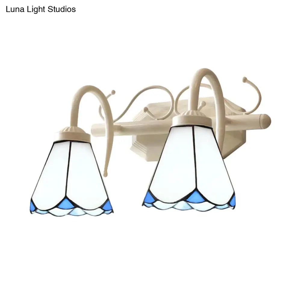 Classic Cone Wall Sconce With Curved Arm And White Glass - 2/3 Lights For Elegant Bathroom Lighting