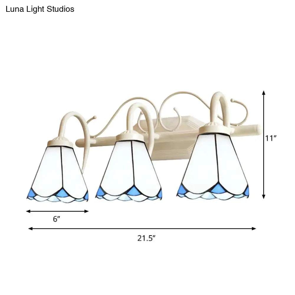 Classic Cone Wall Sconce With Curved Arm And White Glass - 2/3 Lights For Elegant Bathroom Lighting