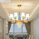 Classic Cream Glass Blue Bedroom Chandelier Light With Crystal Accents
