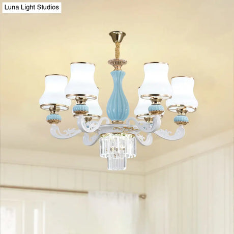 Classic Cream Glass Blue Bedroom Chandelier Light With Crystal Accents