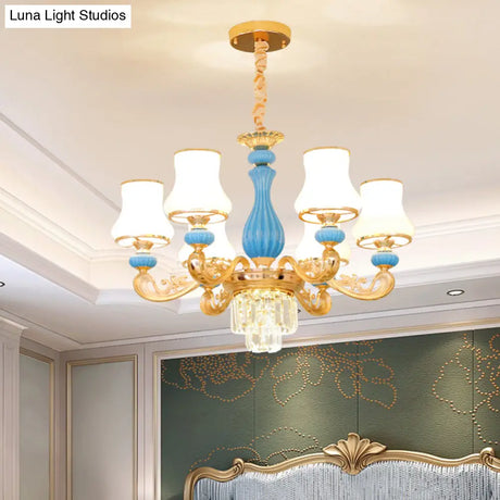 Classic Cream Glass Blue Bedroom Chandelier Light With Crystal Accents