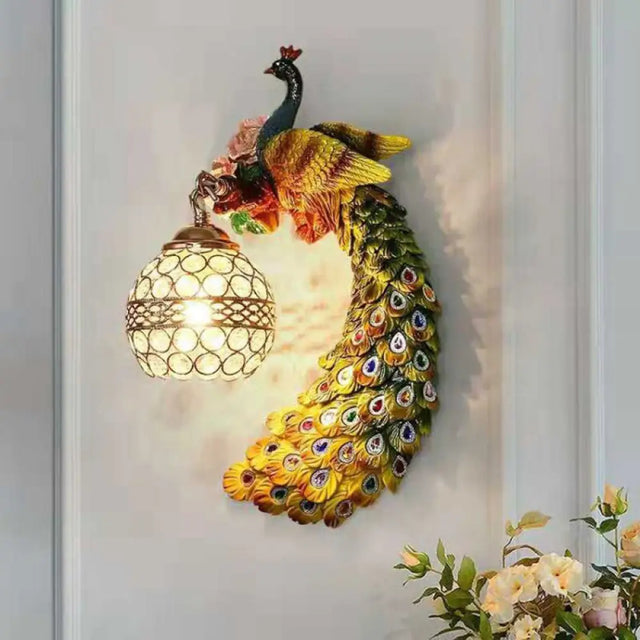 Classic Crystal Spherical Wall Lamp With Resin Peacock Backplate - 1-Light Fixture Green
