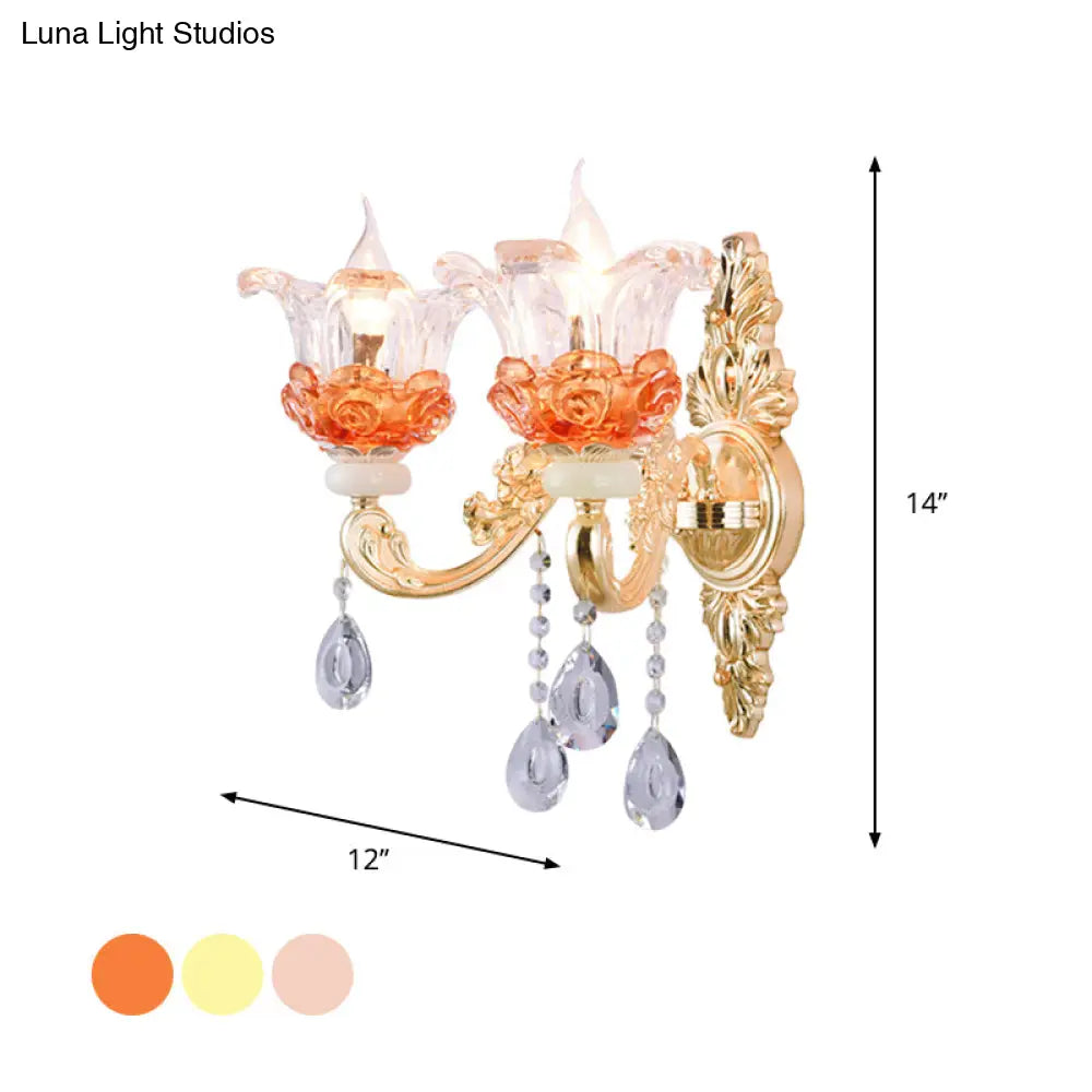 Classic Crystal Wall Light With Carved Arm And Backplate - 2 Lights Candlestick Sconce Lamp In