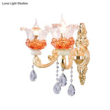 Classic Crystal Wall Light With Carved Arm And Backplate - 2 Lights Candlestick Sconce Lamp In