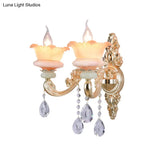 Classic Crystal Wall Light With Carved Arm And Backplate - 2 Lights Candlestick Sconce Lamp In