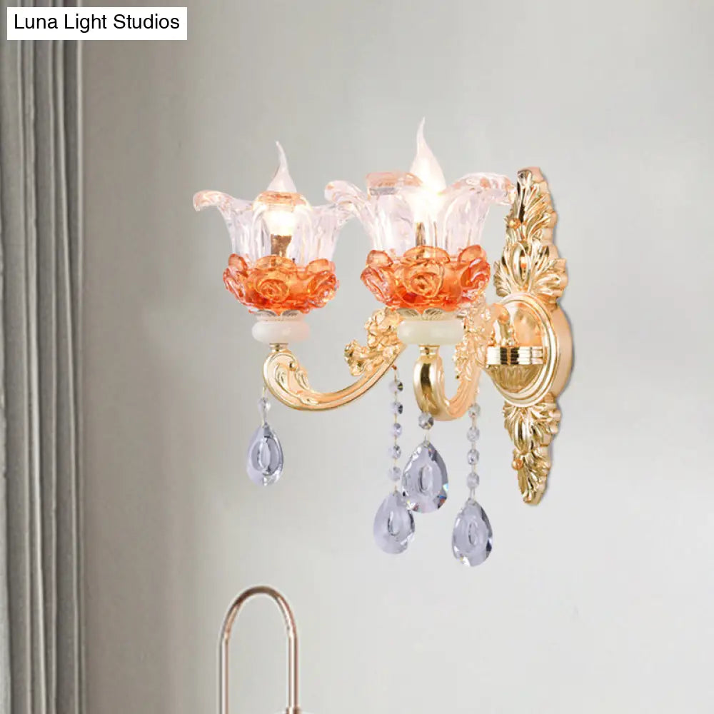 Classic Crystal Wall Light With Carved Arm And Backplate - 2 Lights Candlestick Sconce Lamp In