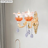 Classic Crystal Wall Light With Carved Arm And Backplate - 2 Lights Candlestick Sconce Lamp In