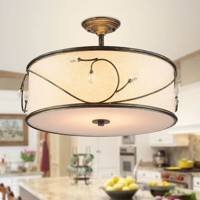 Classic Drum Fabric Semi Mount Ceiling Light - 5 Lights Flaxen 16’/19.5’ Wide / 16’