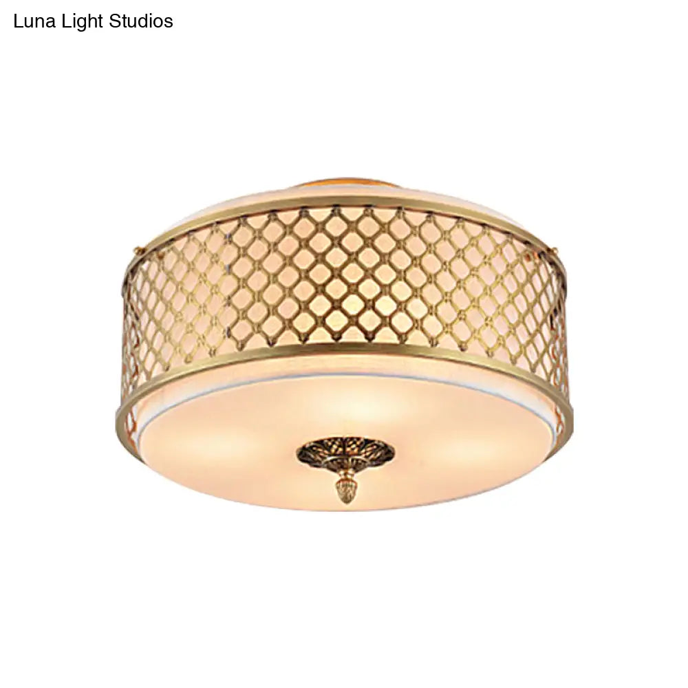 Classic Drum Metal Flush Mount Lamp Brass Finish 4/5 Lights 16’/19.5’ Wide Living Room Ceiling