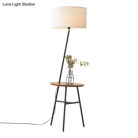 Classic Drum Shaped Fabric Floor Lamp With Tripod Tray - Perfect Living Room Lighting