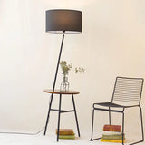 Classic Drum Shaped Fabric Floor Lamp With Tripod Tray - Perfect Living Room Lighting Black