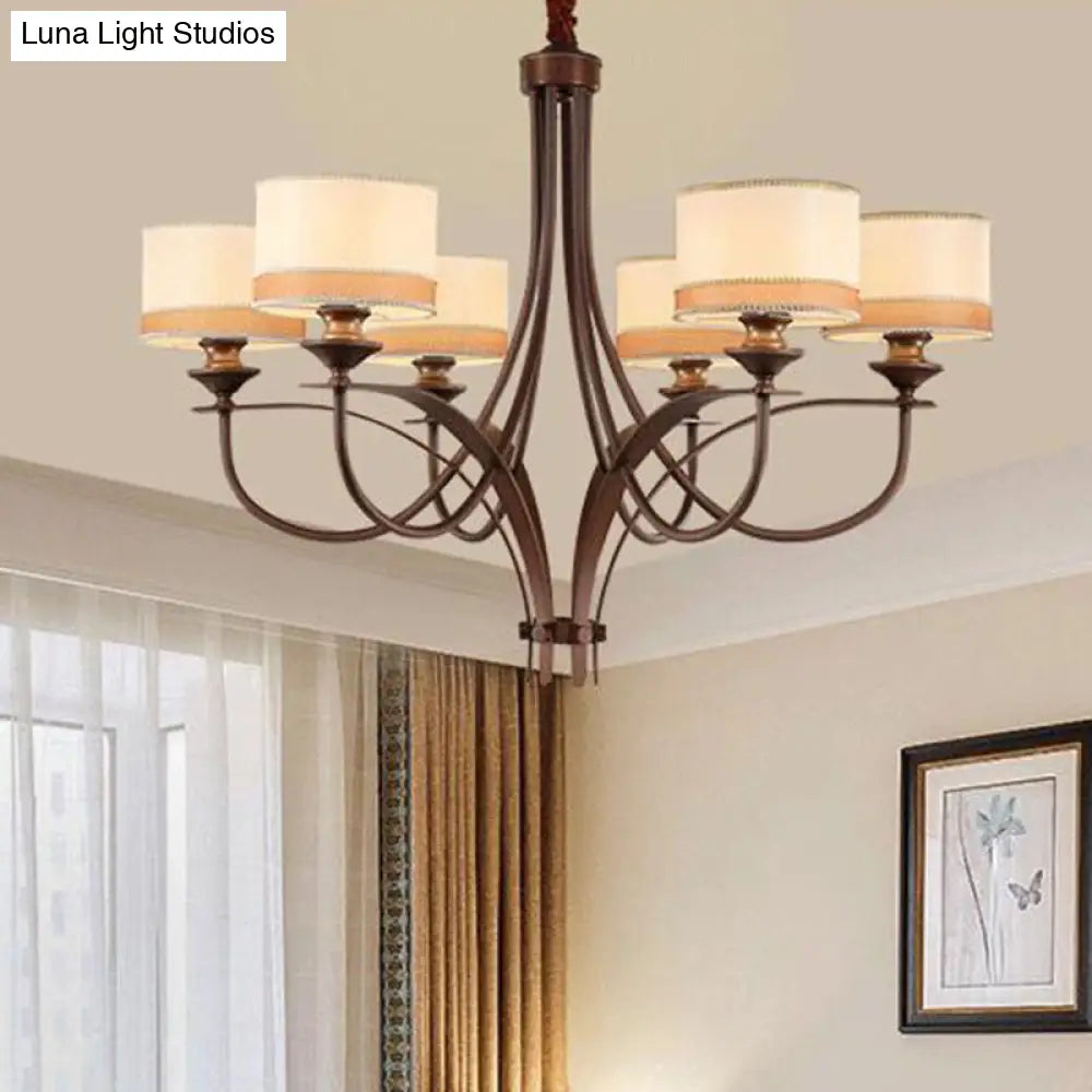 Classic Fabric Drum Chandelier - Light Tan Pendant For Living Room