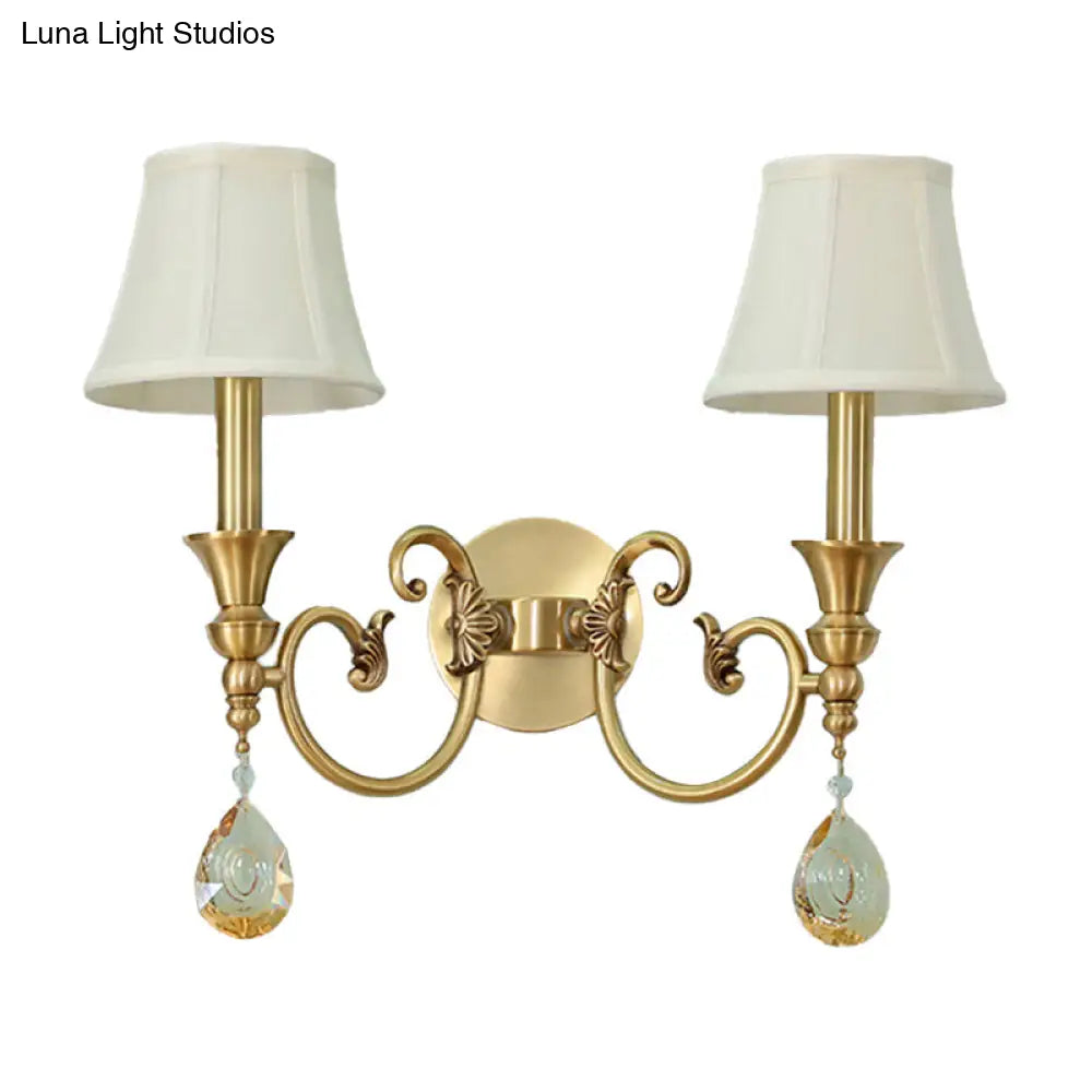 Classic Flared Wall Sconce In Gold With Crystal Drop - 1/2-Light Fabric Lamp