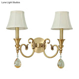 Classic Flared Wall Sconce In Gold With Crystal Drop - 1/2-Light Fabric Lamp