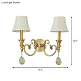 Classic Flared Wall Sconce In Gold With Crystal Drop - 1/2-Light Fabric Lamp