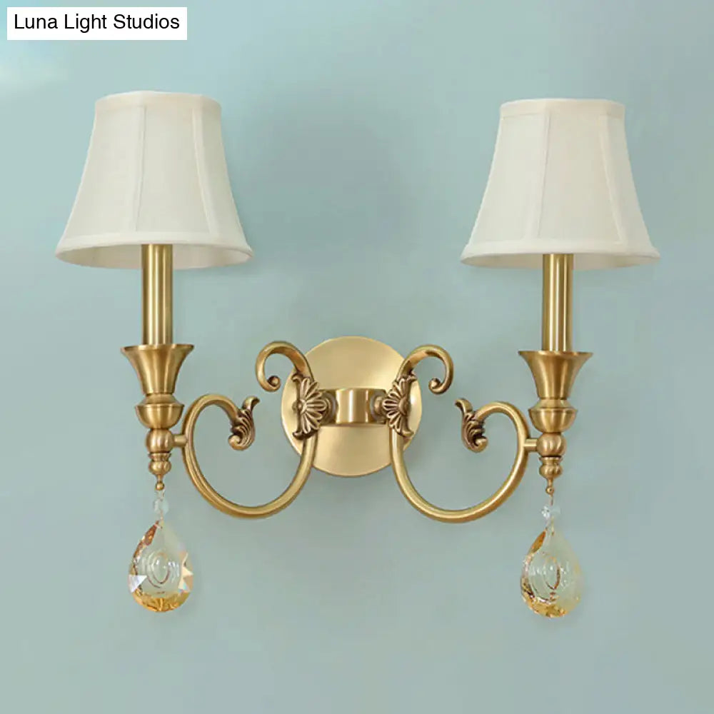 Classic Flared Wall Sconce In Gold With Crystal Drop - 1/2-Light Fabric Lamp