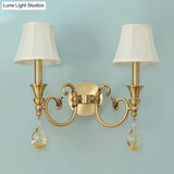 Classic Flared Wall Sconce In Gold With Crystal Drop - 1/2-Light Fabric Lamp