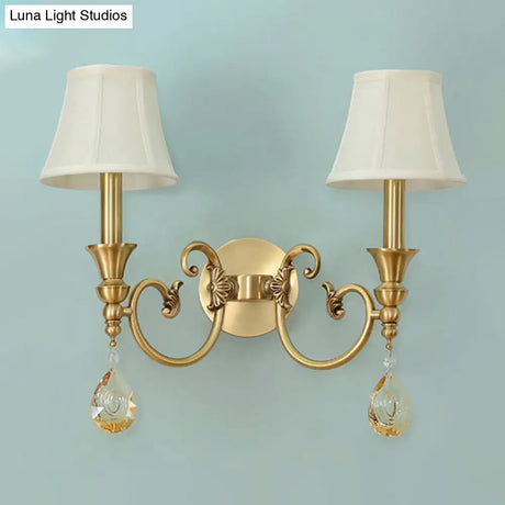 Classic Flared Wall Sconce In Gold With Crystal Drop - 1/2-Light Fabric Lamp