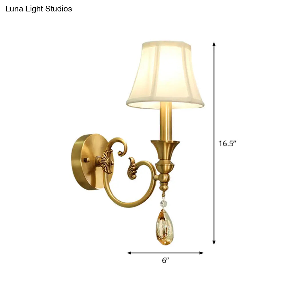 Classic Flared Wall Sconce In Gold With Crystal Drop - 1/2-Light Fabric Lamp