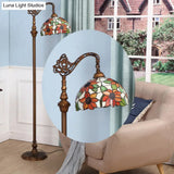 Classic Floral Stained Glass Reading Floor Light - Single-Bulb Standing Fixture In Orange