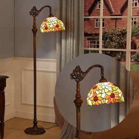 Classic Floral Stained Glass Reading Floor Light - Single-Bulb Standing Fixture In Orange