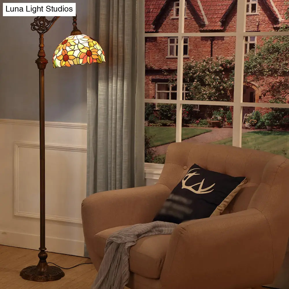 Classic Floral Stained Glass Reading Floor Light - Single-Bulb Standing Fixture In Orange