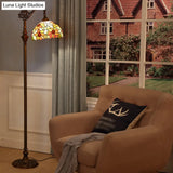 Classic Floral Stained Glass Reading Floor Light - Single-Bulb Standing Fixture In Orange
