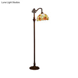Classic Floral Stained Glass Reading Floor Light - Single-Bulb Standing Fixture In Orange