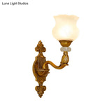 Classic Floral Wall Sconce With Milk Glass Shade And Brass Carved Backplate