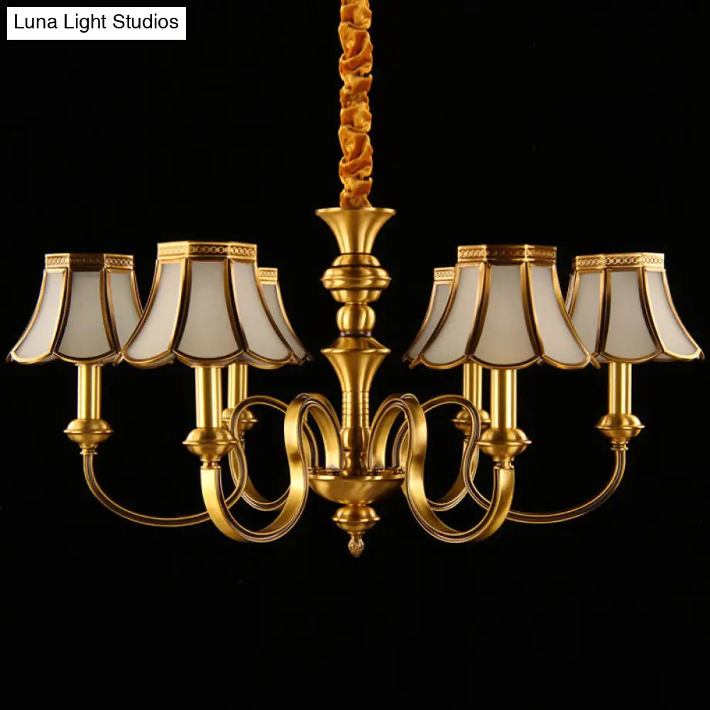 Classic Flower Hanging Lamp - 6 Bulbs Frosted White Glass Chandelier Light With Brass Fixture