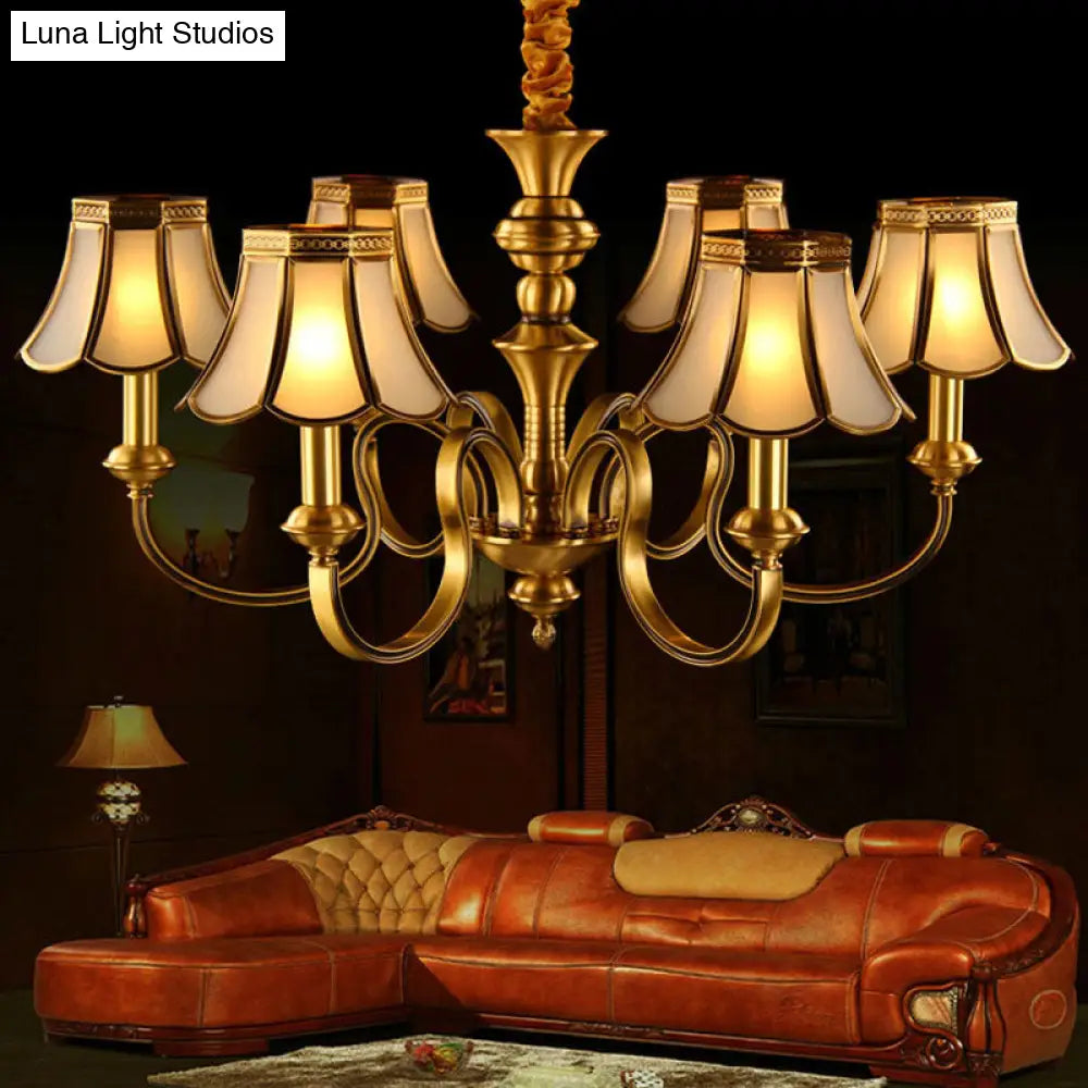 Classic Flower Hanging Lamp - 6 Bulbs Frosted White Glass Chandelier Light With Brass Fixture