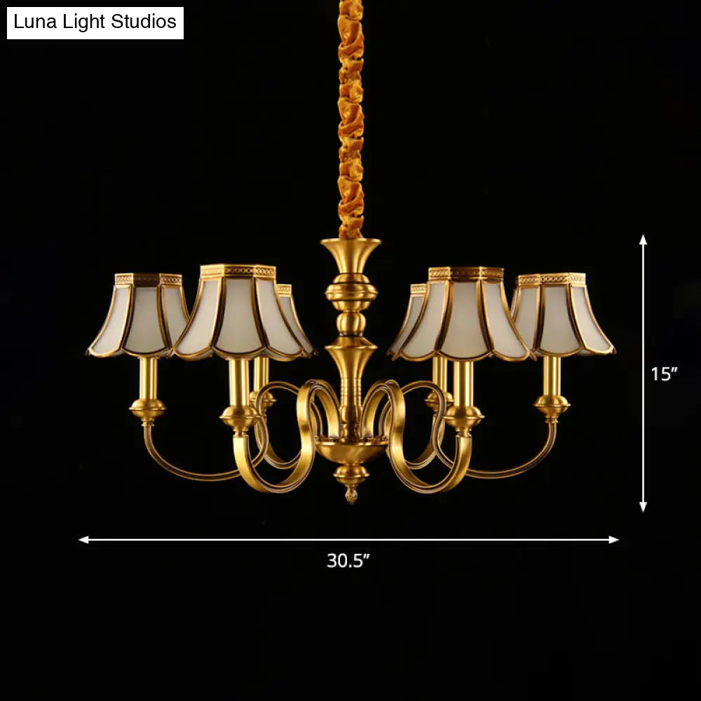 Classic Flower Hanging Lamp - 6 Bulbs Frosted White Glass Chandelier Light With Brass Fixture