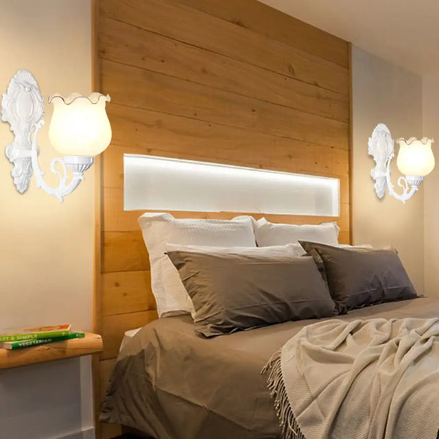Classic Flower Wall Mount Light With Frost Glass And Ruffle Trim For Corridor 1 / White
