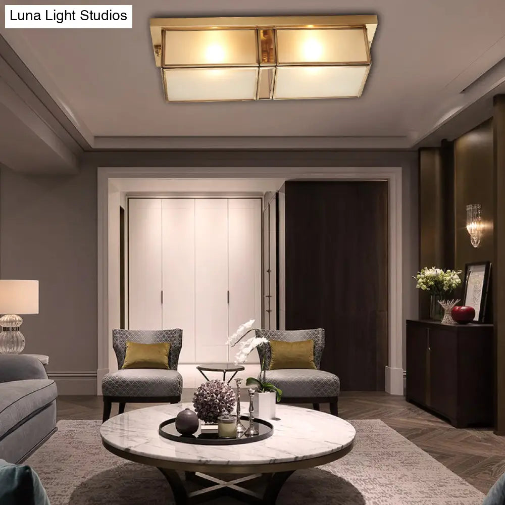 Classic Frosted Glass 4-Light Brass Rectangle Flush Mount Fixture For Living Room