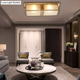 Classic Frosted Glass 4-Light Brass Rectangle Flush Mount Fixture For Living Room