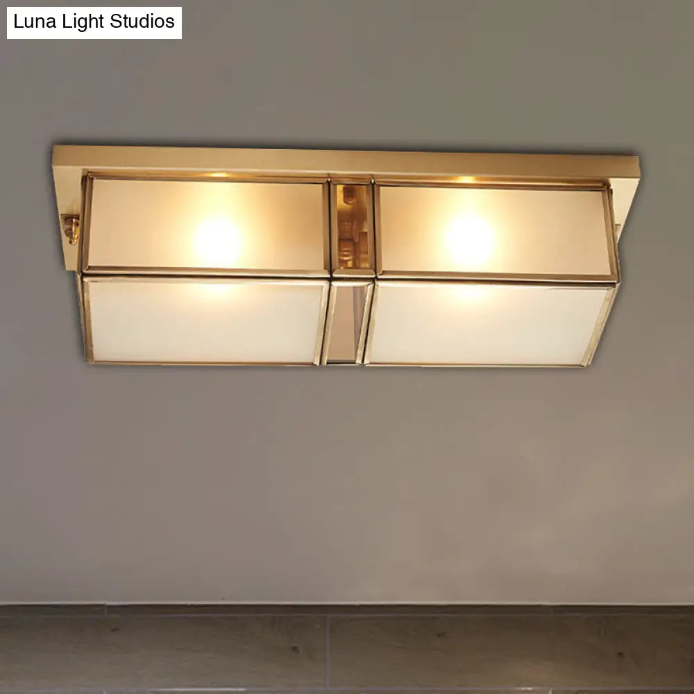 Classic Frosted Glass 4-Light Brass Rectangle Flush Mount Fixture For Living Room