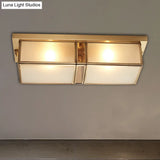 Classic Frosted Glass 4-Light Brass Rectangle Flush Mount Fixture For Living Room