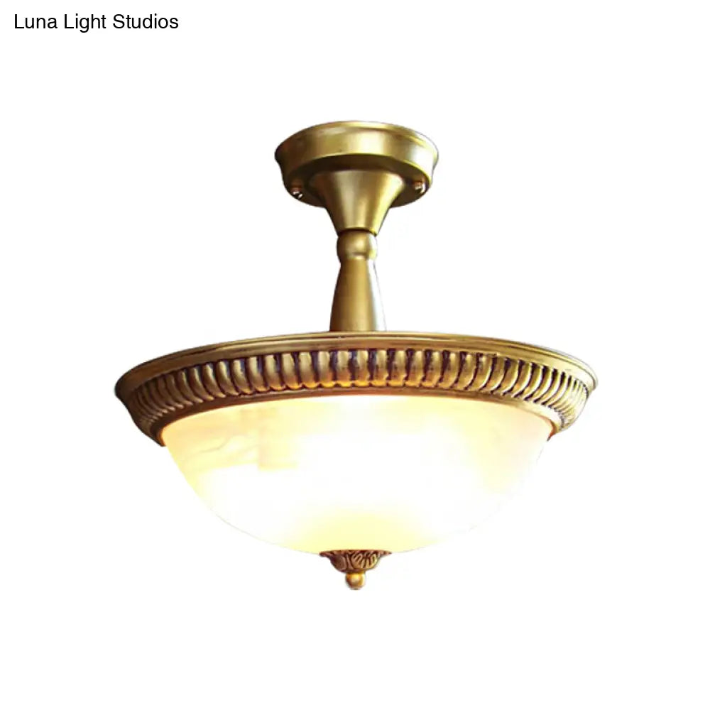 Classic Frosted Glass Domed Semi Flush Brass Led Ceiling Light For Corridor - Warm/White