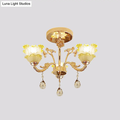 Classic Gold Lotus Crystal 3-Light Semi Flush Mount For Dining Room Ceiling Lighting