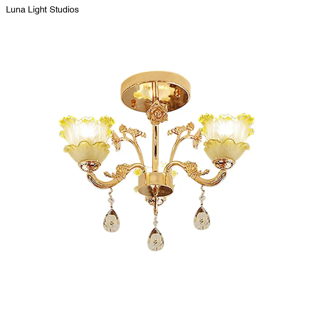 Classic Gold Lotus Crystal 3-Light Semi Flush Mount For Dining Room Ceiling Lighting