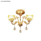 Classic Gold Lotus Crystal 3-Light Semi Flush Mount For Dining Room Ceiling Lighting