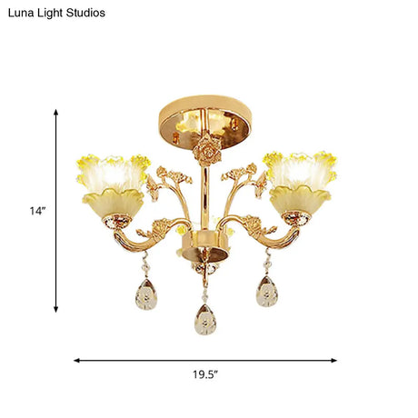Classic Gold Lotus Crystal 3-Light Semi Flush Mount For Dining Room Ceiling Lighting