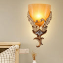 Classic Gold Resin Goose Wall Lamp With Amber Ribbed Glass Shade - Bedroom Lighting Idea