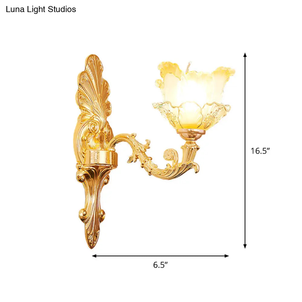 Classic Gold Wall Sconce Light With Ruffle Glass Flower And Curvy Arm