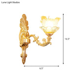 Classic Gold Wall Sconce Light With Ruffle Glass Flower And Curvy Arm