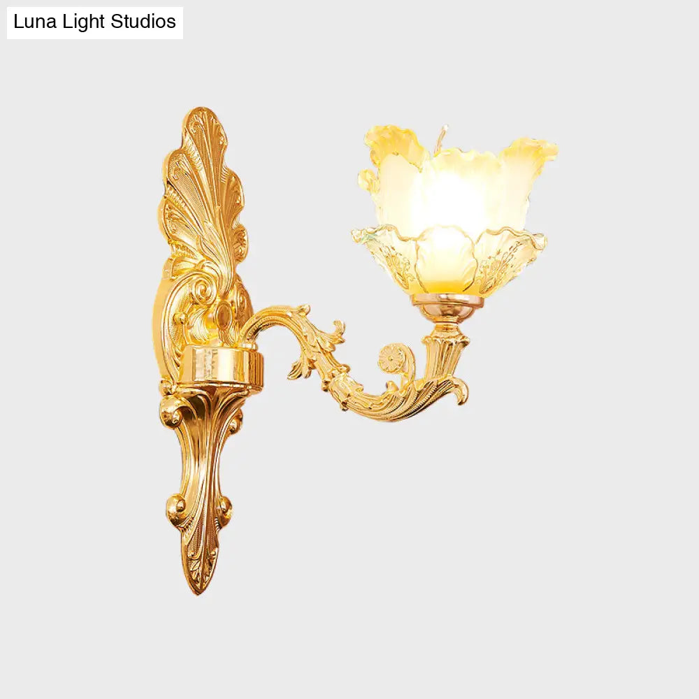 Classic Gold Wall Sconce Light With Ruffle Glass Flower And Curvy Arm