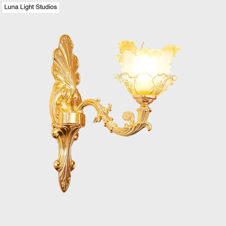 Classic Gold Wall Sconce Light With Ruffle Glass Flower And Curvy Arm