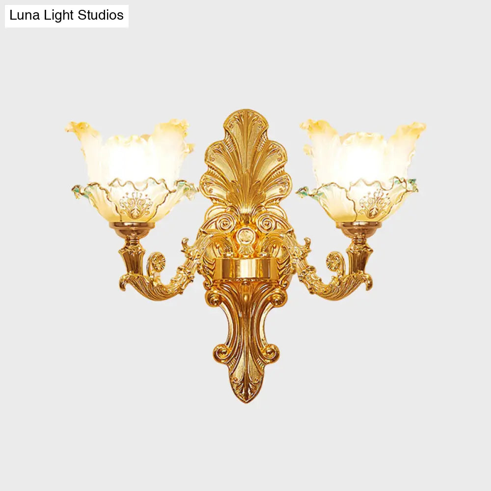 Classic Gold Wall Sconce Light With Ruffle Glass Flower And Curvy Arm