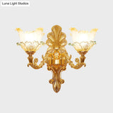 Classic Gold Wall Sconce Light With Ruffle Glass Flower And Curvy Arm